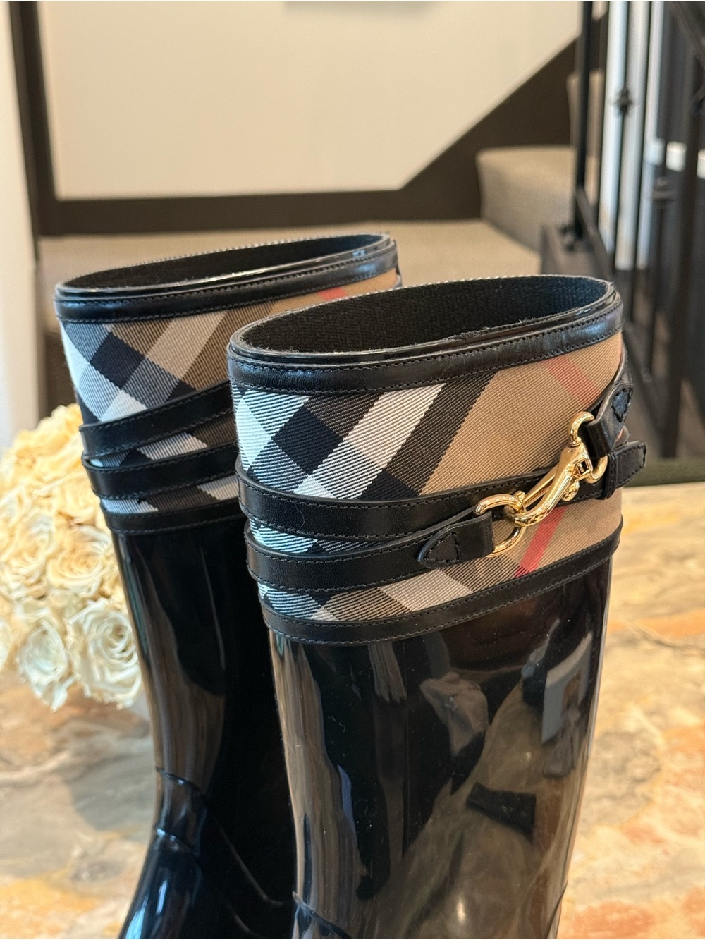 Burberry Nova Check Rubber Rain Boots Black Riding Boots Gold Hardware EU 38 - Picture 3 of 10